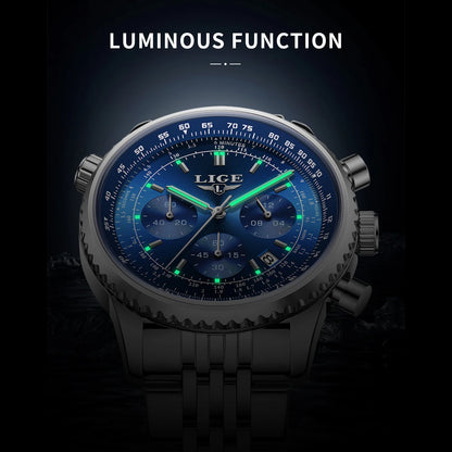 Montre de luxe pour homme LIGE – Chronographe avec date, en acier inoxydable, étanche, luminescente, style sportif et militaire, montre à quartz pour homme