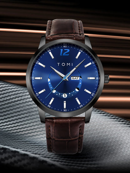 Ρολόι χαλαζία TOMI, επαγγελματικό και κομψό στυλ, με δερμάτινο λουράκι, κάσα από κράμα και καντράν με δείκτες – Σχεδιασμός υψηλής ποιότητας, ιδανικό δώρο για άνδρες