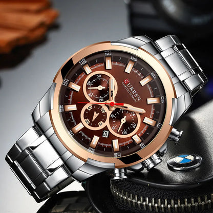 Montre chronographe pour homme CURREN, grand cadran de 48 mm, bracelet en acier inoxydable, trois sous-cadrans, montre-bracelet de sport à quartz, style luxueux