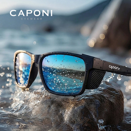 CAPONI Polarized Men Sunglasses Outdoor Sport Fishing Sun Glasses Square Anti-Oil and Water Blue HD Lenses Black Shades CP36505