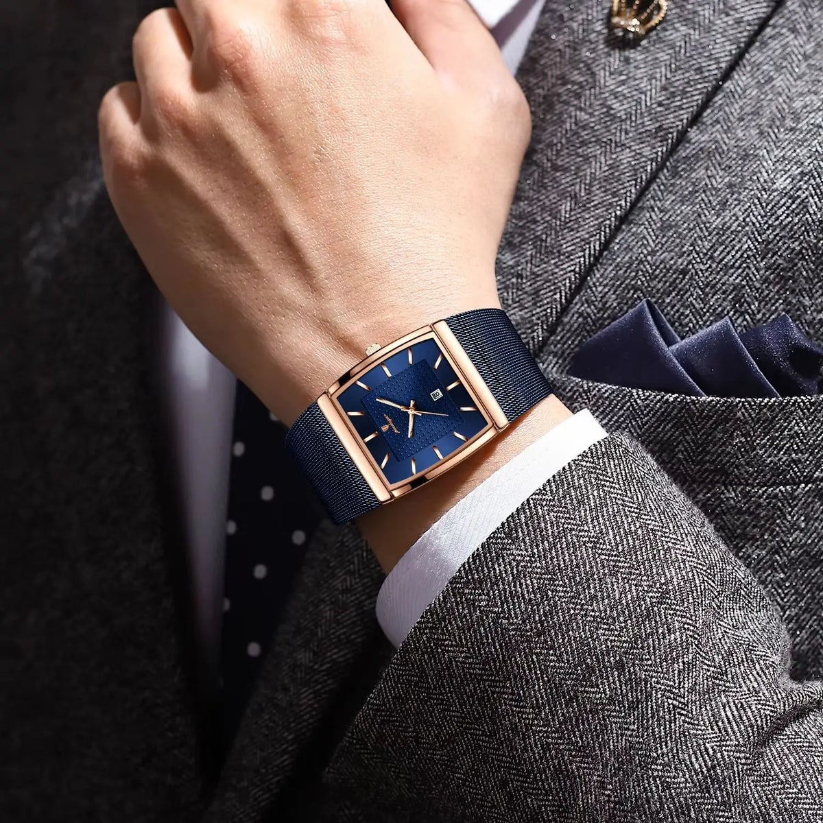 POEDAGAR Top Luxury Men Watch Stainless Steel Mesh Date Waterproof Luminous Man Wristwatch Casual Rectangle Quartz Men's Watches