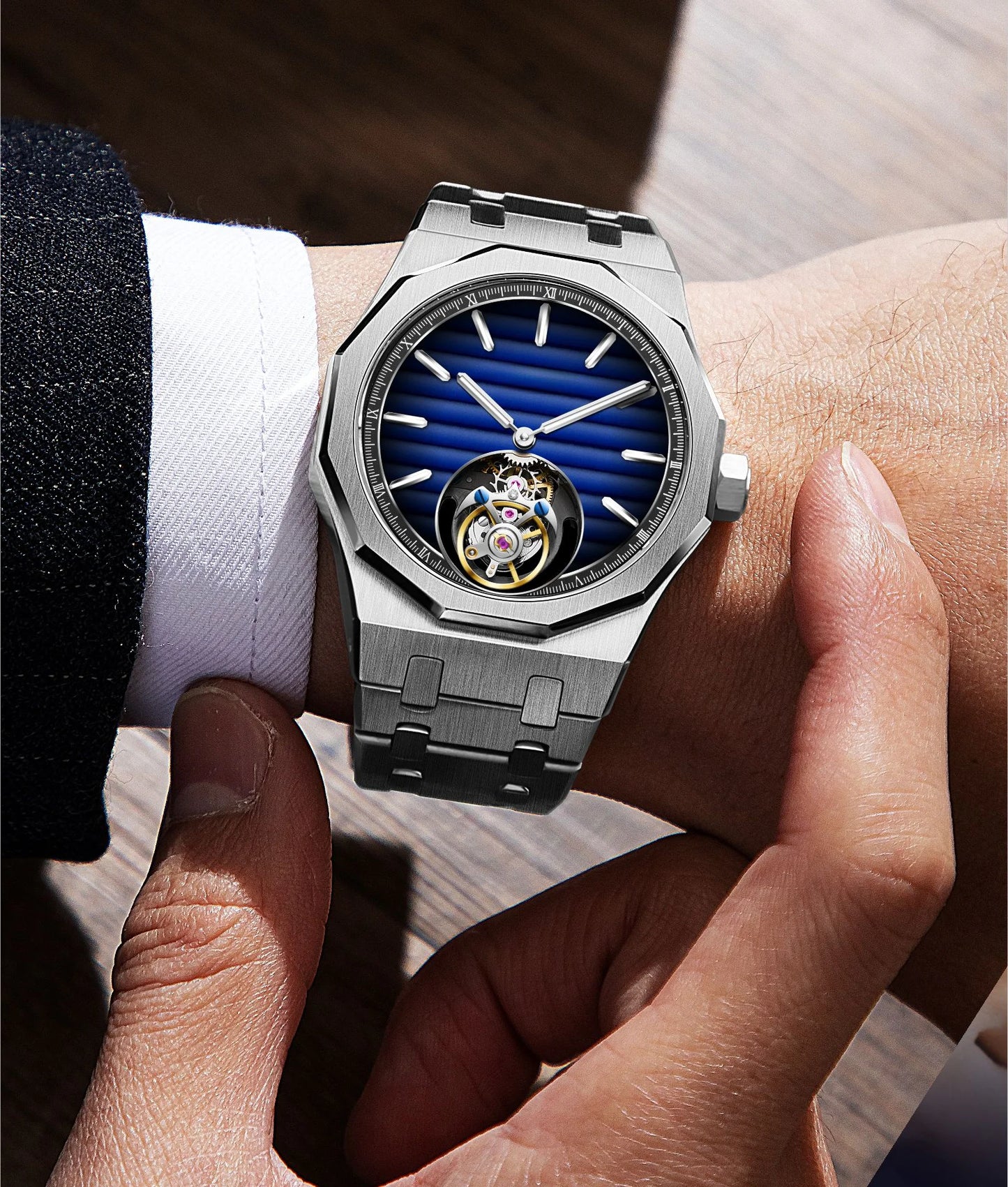 Raymondoya Men Flying Tourbillon Movement Mechanical Automatic Luxury Watches Wristwatches Skeleton Watch Brand For Man Sapphire