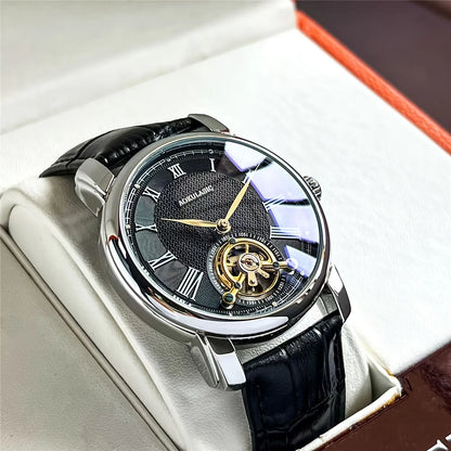 Montre mécanique automatique pour homme – Design squelette élégant, style « business casual » tendance, boîtier en alliage et bracelet en cuir, sans pile