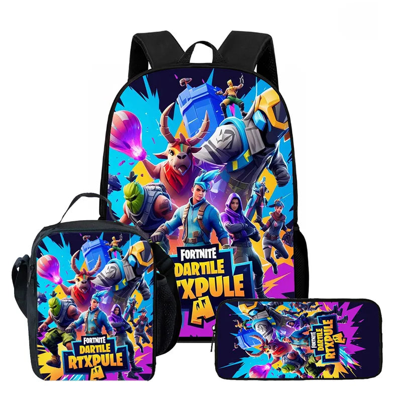 Fortnite Cartoon 3pcs Backpack Set for Boys Girls Unisex Including School Bag Lunch Bag Pencil Case Suitable for ages 5-8