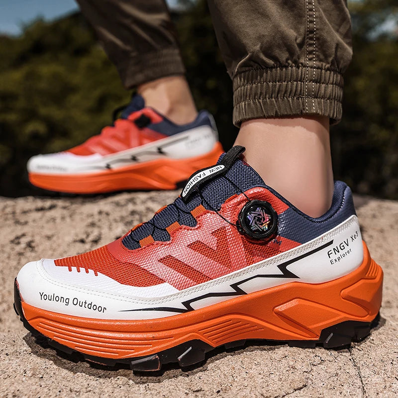 Outdoor Hiking Shoes for Men, Lightweight Trekking Shoes, Breathable Mesh Sneakers, Casual Walking Shoes, Rotating Buckle Design, Non-Slip and Wear-Resistant Trail Shoes, Suitable for Hiking and Camping, 2026 New Running Shoe
