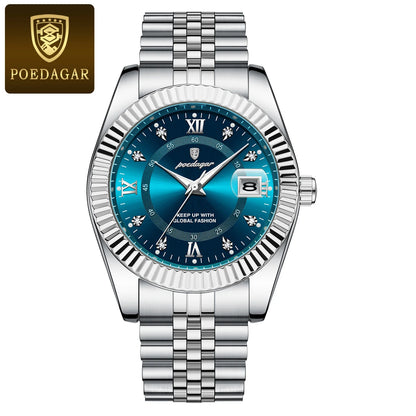 Montre pour homme POEDAGAR – Modèle de luxe, étanche, en acier inoxydable, avec affichage luminescent, style militaire, fonction date, mouvement à quartz, idéale pour le travail ou les occasions professionnelles.