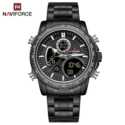 NAVIFORCE Men’s Sports Watch – Original luxury stainless steel wristwatch, water-resistant military-style model with dual display