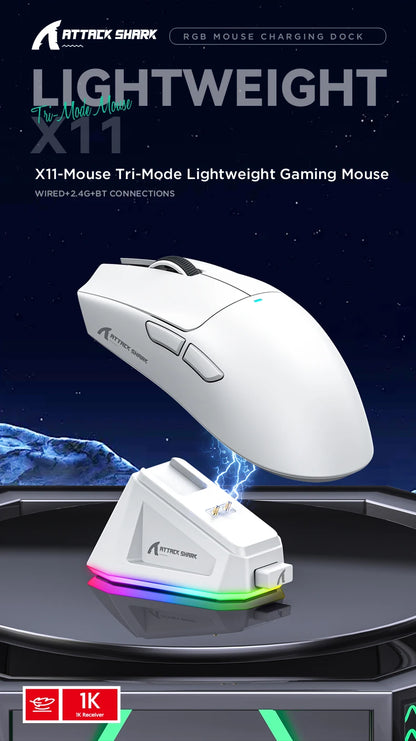 ATTACK SHARK X11 trijų režimų lengva žaidimų pelė su PAW3311, 22000DPI, 400IPS, 40G, 59g, magnetiniu greituoju įkrovimu ir RGB apšvietimu