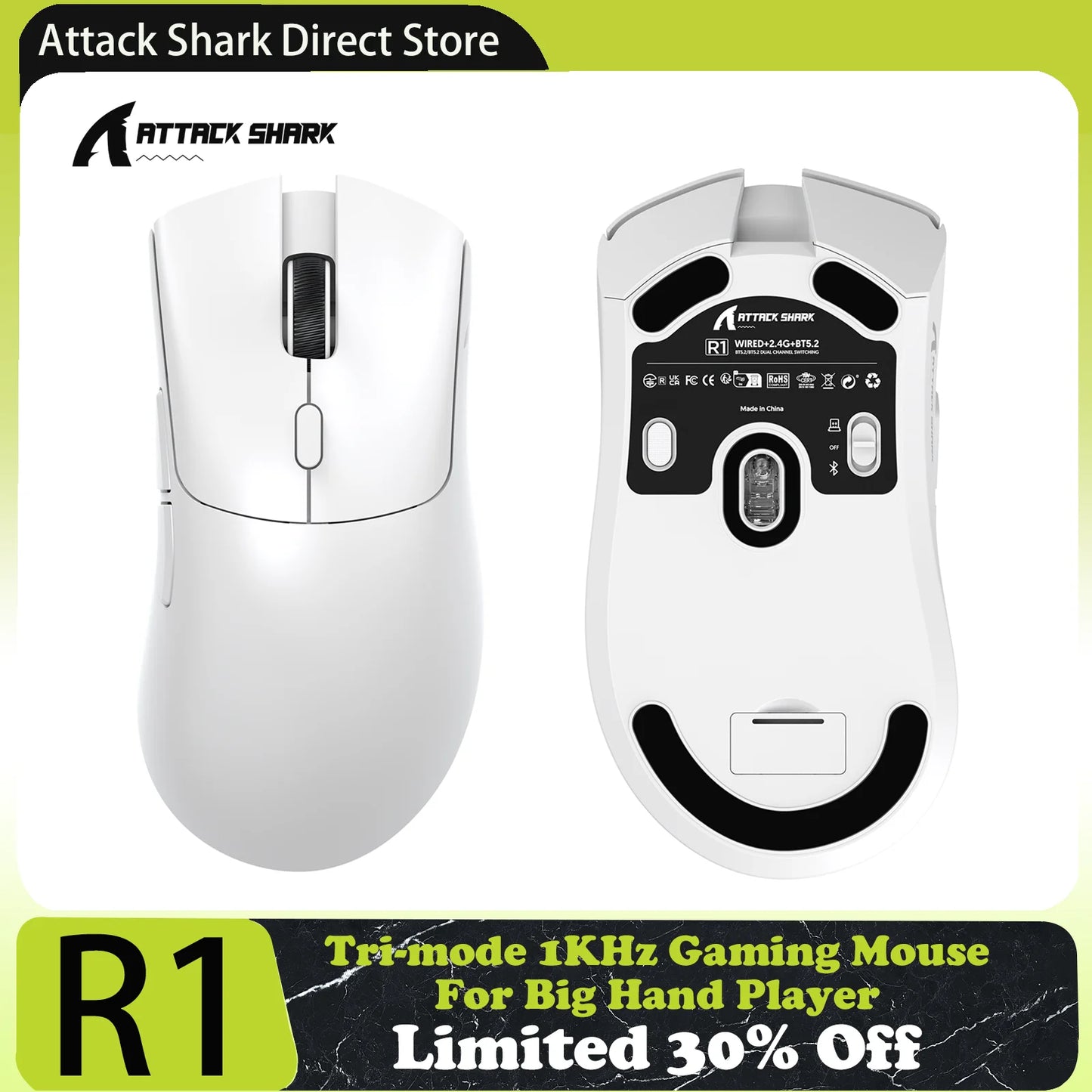 Herní myš ATTACK SHARK R1 Tri-mode, senzor PixArt PAW3311, 18000 DPI, 1000hz, ultralehká 59g pro velkou ruku, pro PC/Mac