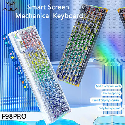 AULA F98PRO Wireless Mechanical Keyboard Transparent Keycaps RGB Backlit Custom 2.4G Hot Swappable Gaming Keyboard With Screem