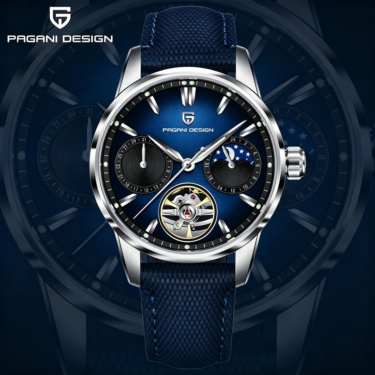 PAGANI DESIGN Newest 41MM Luxury Men's Mechanical Watch Sapphire Glass Leather Waterproof Pilot Tourbillon Moon Reroj Hombre