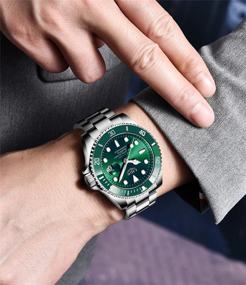 Montre de plongée de luxe pour homme, marque LIGE, étanche 3ATM, avec affichage de la date, montre à quartz sportive