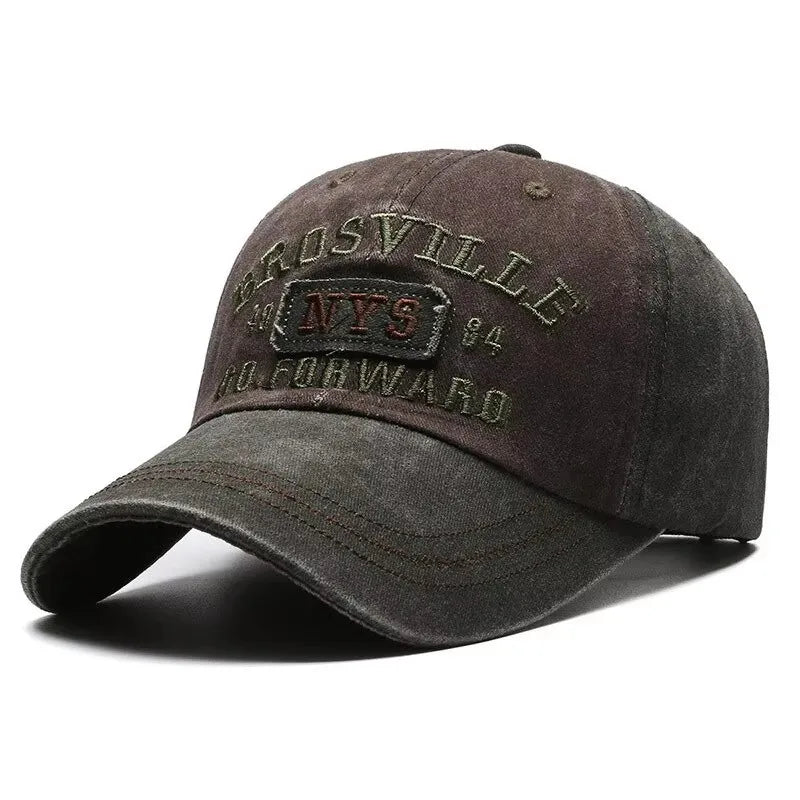 Four Seasons Men Baseball Cap Casual Distressed Washed Cotton Letter Embroidered Cap Bent Brim Dome Casual Sun Protection Hat