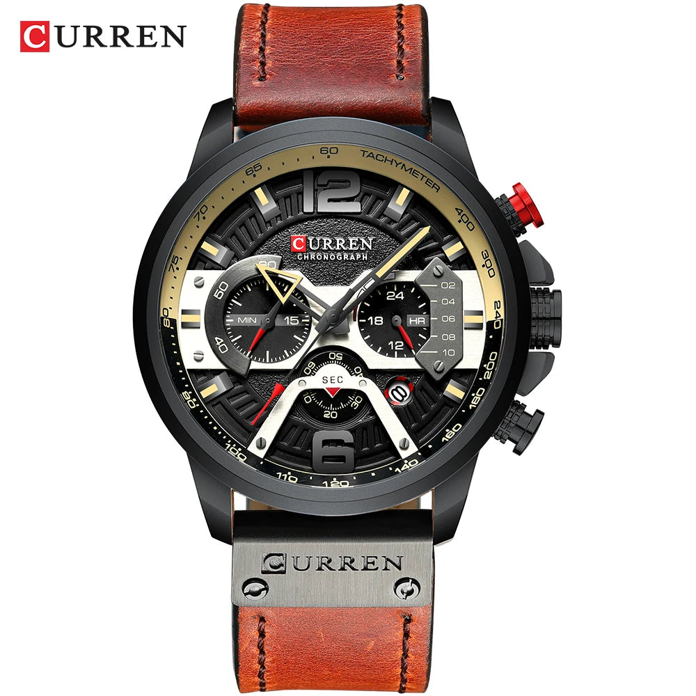 Montre pour homme CURREN 8329 – Style sport décontracté, design militaire, bracelet en cuir, chronographe tendance, montre de luxe de grande marque