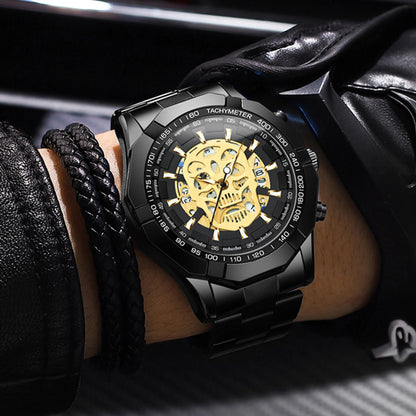 BINBOND-polshorloge voor heren, met skelet-schedelmotief, nauwkeurig quartz-uurwerk, luxueus, verlicht, waterdicht, met automatische datumweergave, robuust.
