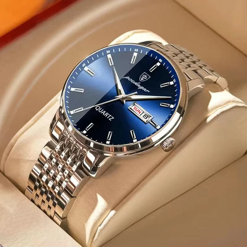 Montre homme POEDAGAR Business Quartz, acier inoxydable, étanche, date lumineuse, montre-bracelet de luxe décontractée pour homme