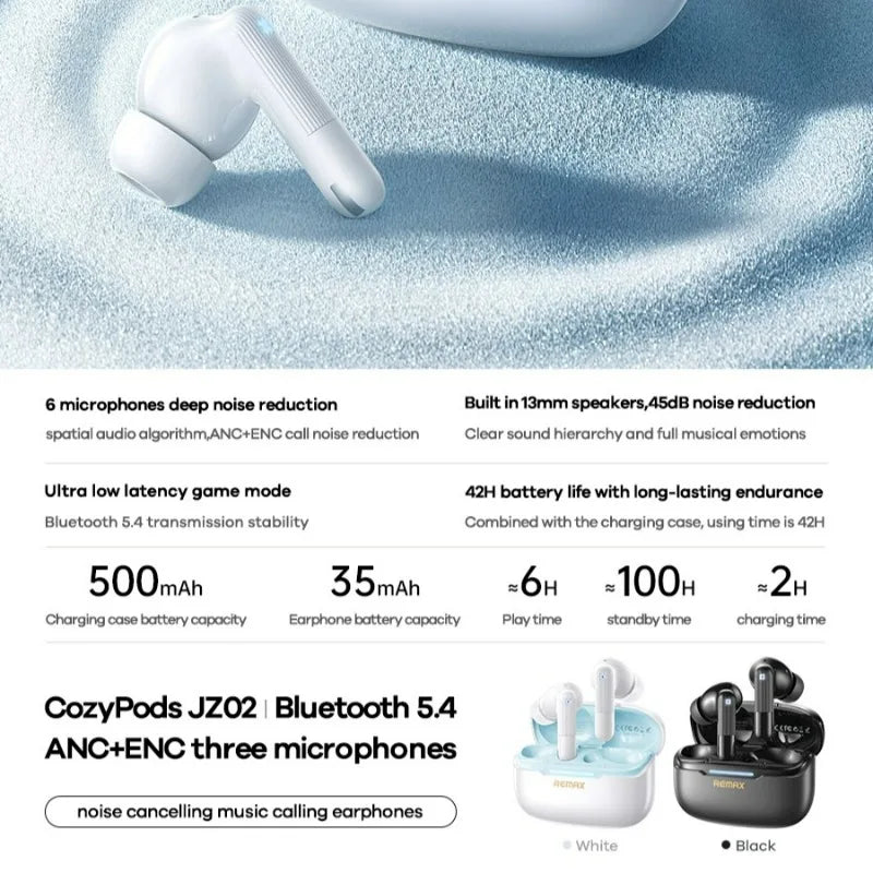 Écouteurs sans fil Remax ANC, réduction de bruit de 45 dB, 6 micros, ENC, appels HD, Cozypods JZ02, mode gaming, faible latence, 42h