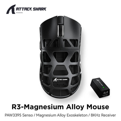 Mysz gamingowa ATTACK SHARK R3 ze stopu magnezu, konstrukcja honeycomb, ultralekka, 8K Hz, sensor PAW3395, 26000 DPI, ergonomiczna obudowa