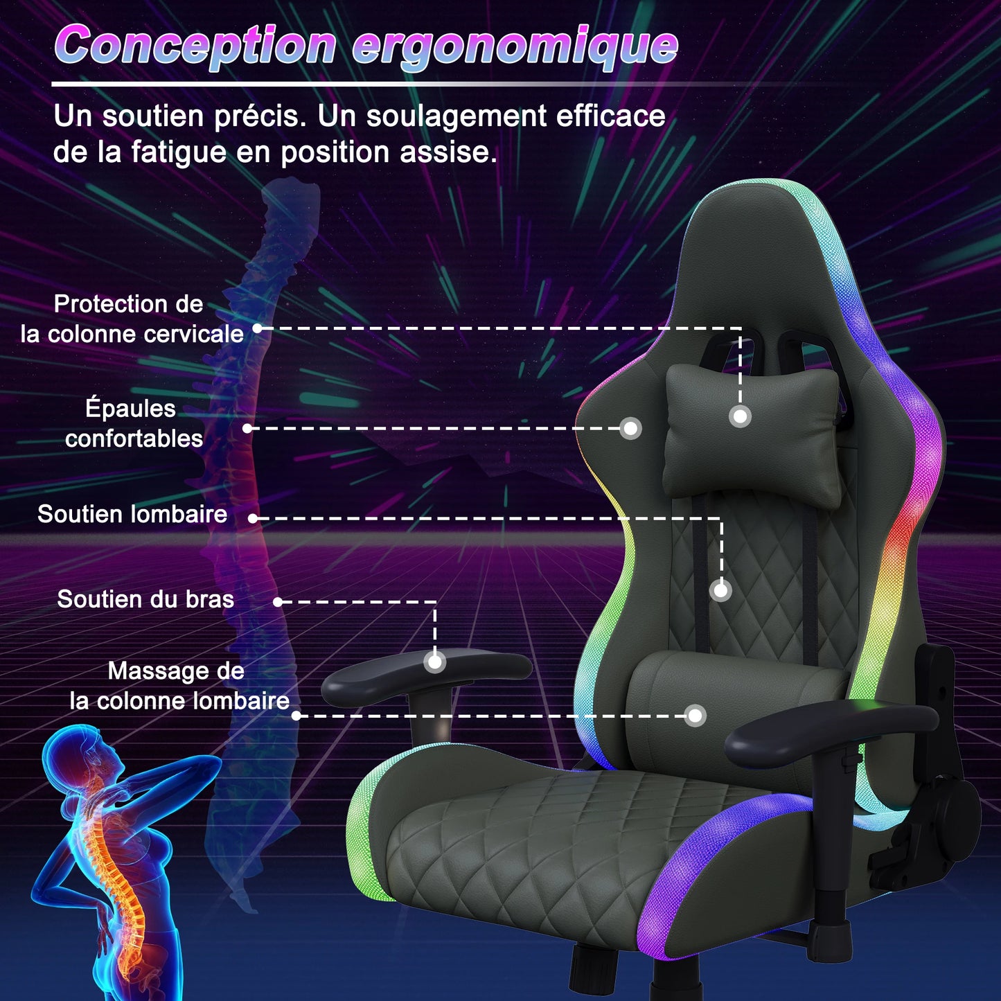 Gaming Chair with Massage Function, Adjustable backrest,Computer Chair,with ambient light,Lumbar Cushion, Pillow,150 KG