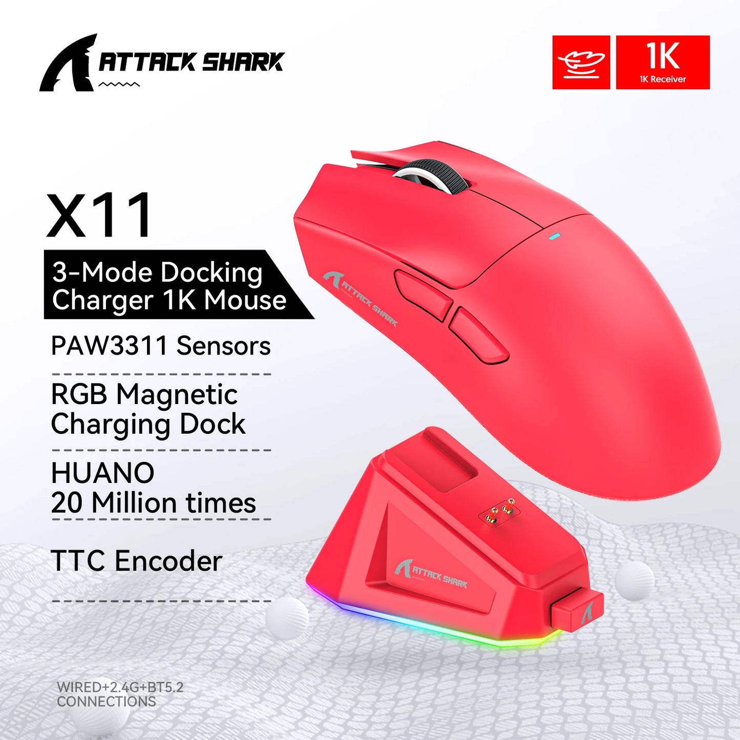 ATTACK SHARK X11 trijų režimų lengva žaidimų pelė su PAW3311, 22000DPI, 400IPS, 40G, 59g, magnetiniu greituoju įkrovimu ir RGB apšvietimu