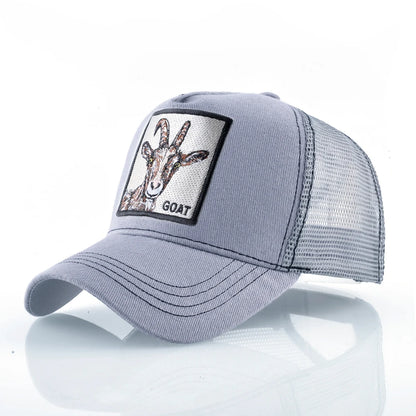 Modische Trucker-Caps mit besticktem Ziegen-Patch, Vier-Jahreszeiten-Snapback-Baseballcap für Herren und Damen, verstellbare Schirmmütze