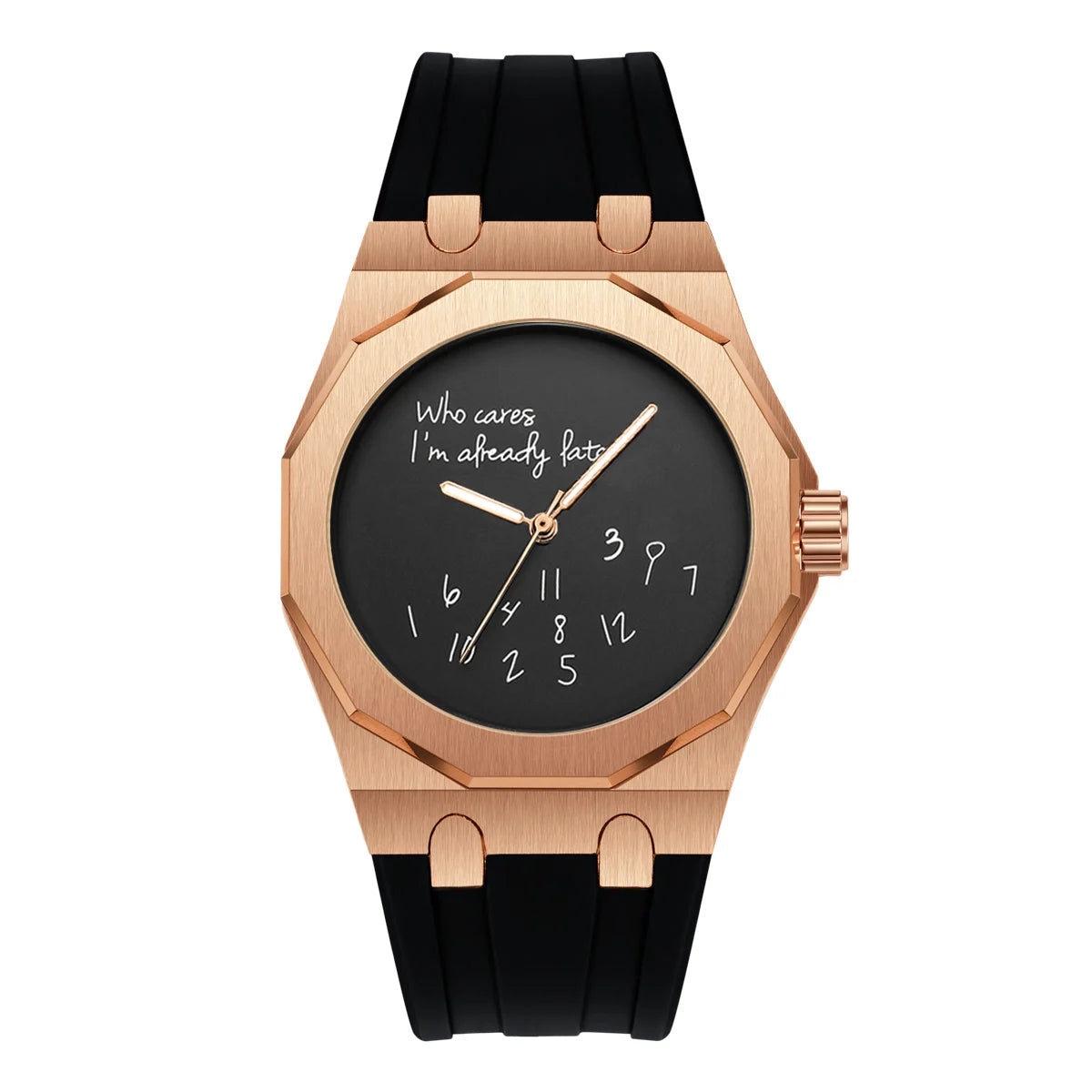 Montre pour homme de luxe avec boîtier octogonal et bracelet en silicone, étanche, dotée d'un cadran arborant le slogan humoristique « Who Cares I'm Already Late » (Et puis quoi, je suis déjà en retard).