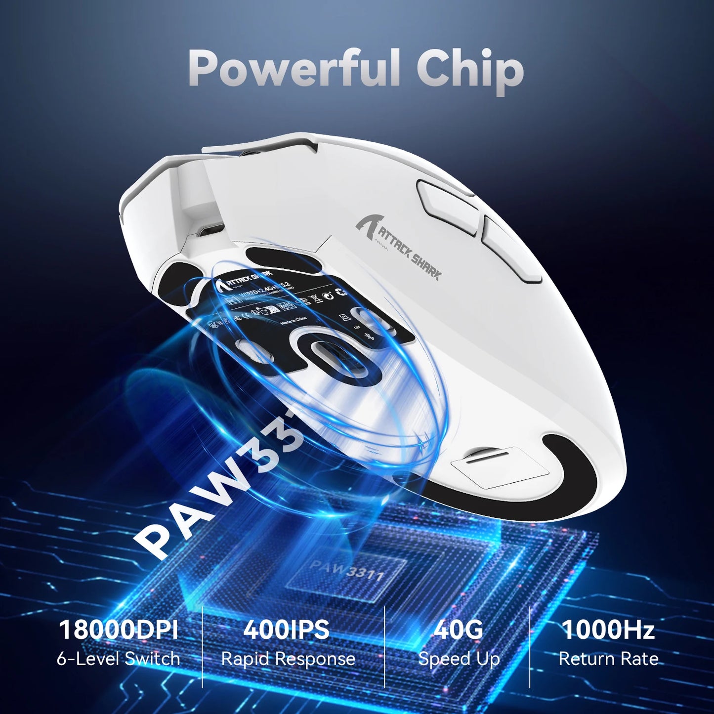 Herní myš ATTACK SHARK R1 Tri-mode, senzor PixArt PAW3311, 18000 DPI, 1000hz, ultralehká 59g pro velkou ruku, pro PC/Mac