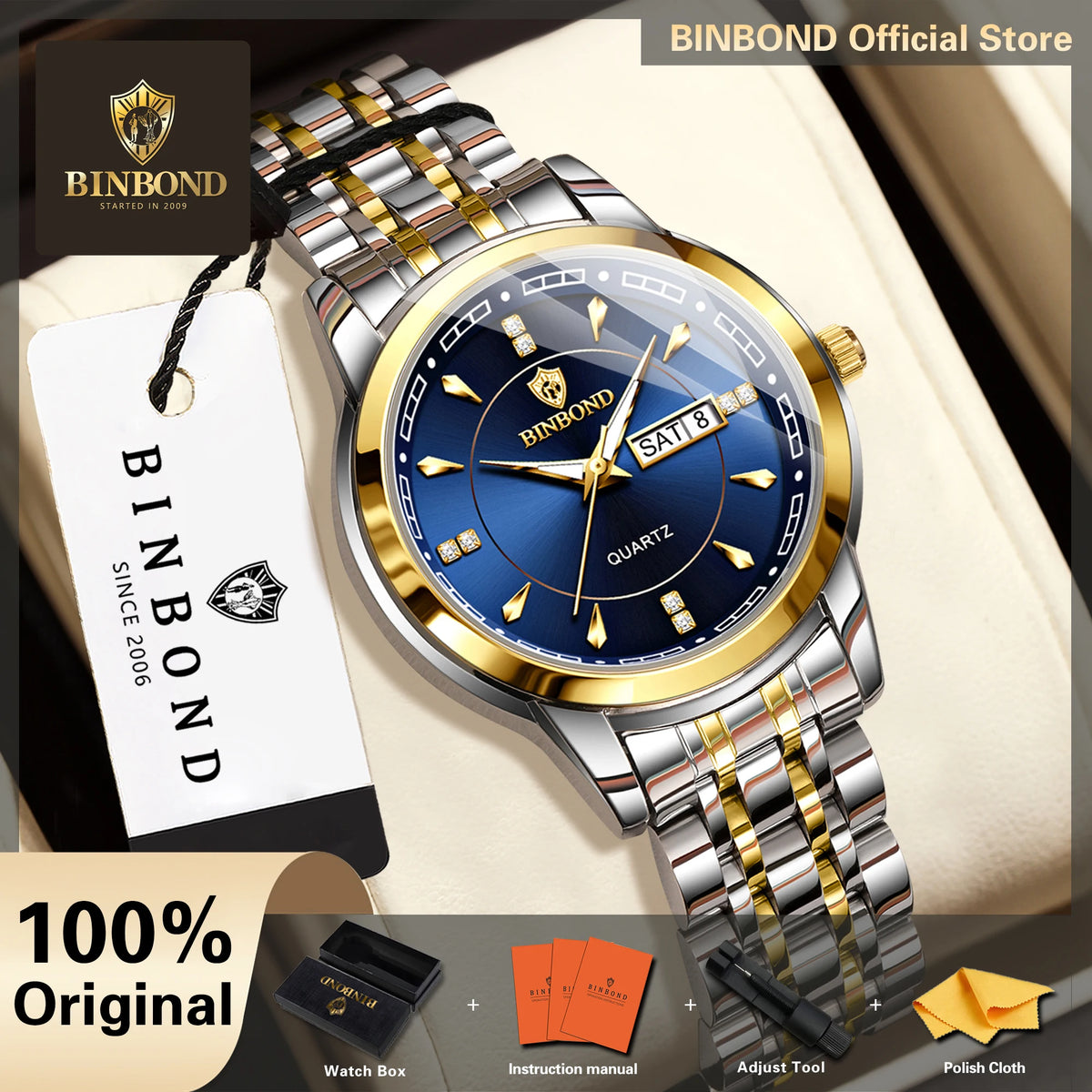 Montres à quartz de luxe originales BINBOND pour femme – Modèle étanche et lumineux – Idée cadeau (coffret inclus)