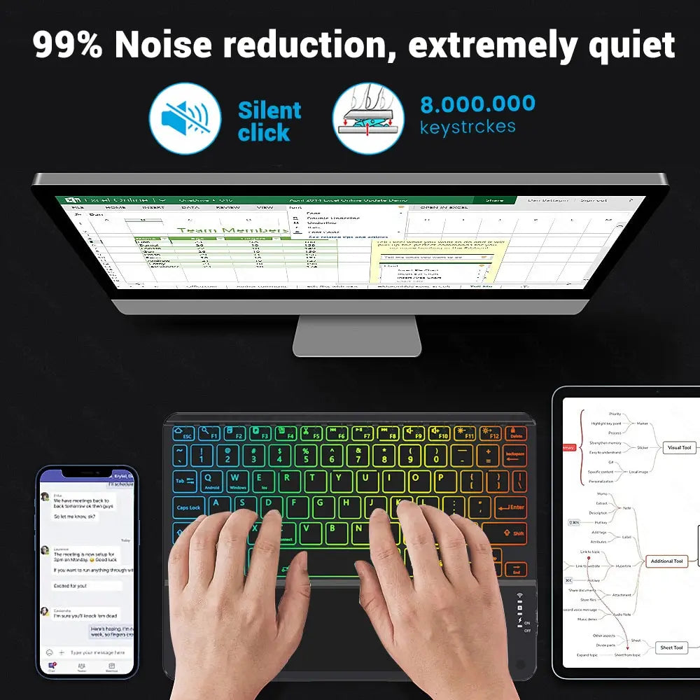 Hebrew/Russian/Spanish/Portuguese/Korean7-Colors Backlit Wireless with Touchpad Keyboard Rechargeable For iPad Tablet PC IOS Win
