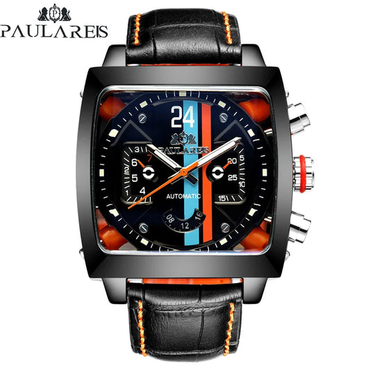 Original Brand Watches For Men Luxury Design Square Mechanical Watch Men Leather Strap Waterproof Date Week Wristwatches Male
