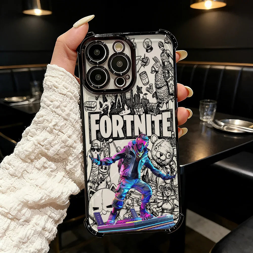 Популярен калъф за телефон с FortniteS дизайн и метализирано покритие за iPhone 17 17e 16e 16 15 14 13 12 11 Pro Max X XR XSMax 7 8 Mini Air Plus, против падане