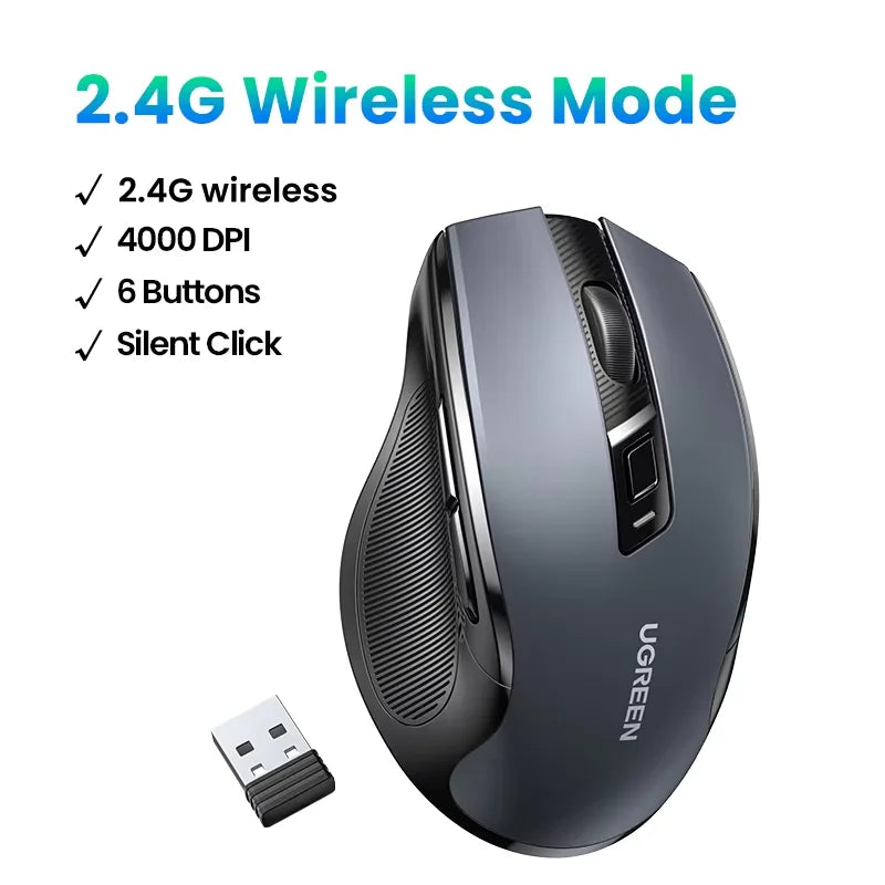 Bezdrátová myš UGREEN Bluetooth 5.0, ergonomická myš 4000 DPI se 6 tichými tlačítky pro MacBook, tablet, notebooky, počítač PC, 2.4G myš