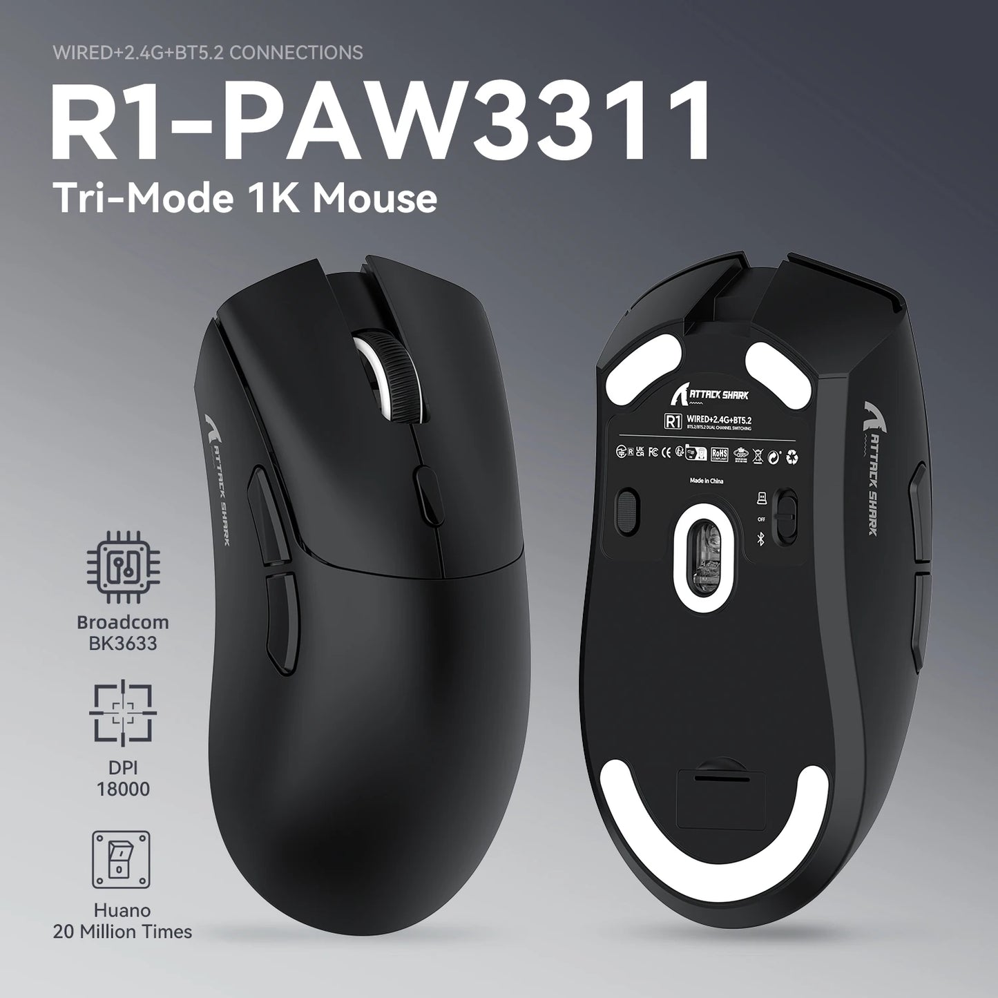 Herní myš ATTACK SHARK R1 Tri-mode, senzor PixArt PAW3311, 18000 DPI, 1000hz, ultralehká 59g pro velkou ruku, pro PC/Mac