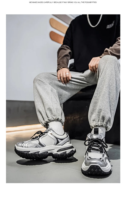 Unisex Trendy Chunky Dad Sneakers Silver Black Retro Couple Breathable Mesh Casual Platform Shoes