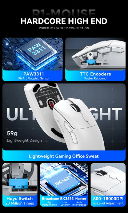 Attack Shark R1 Tri-Mode 2.4g-BT-Wired, PAW3311 18000DPI, 59g  Lightweight Gaming Mouse