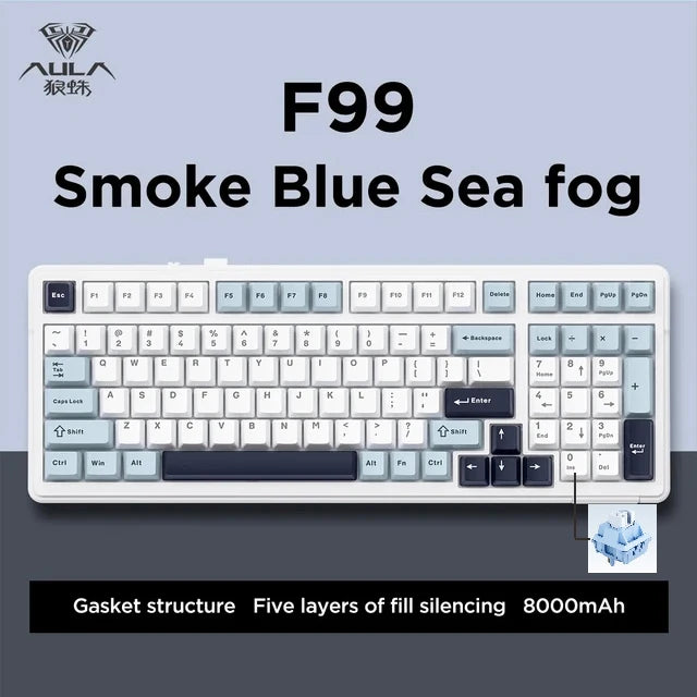 Teclado mecánico gaming Aula F99 de 99 teclas, tres modos: 2.4g inalámbrico, Bluetooth y cableado, hot swap, PBT, gasket y RGB para juegos y escritura