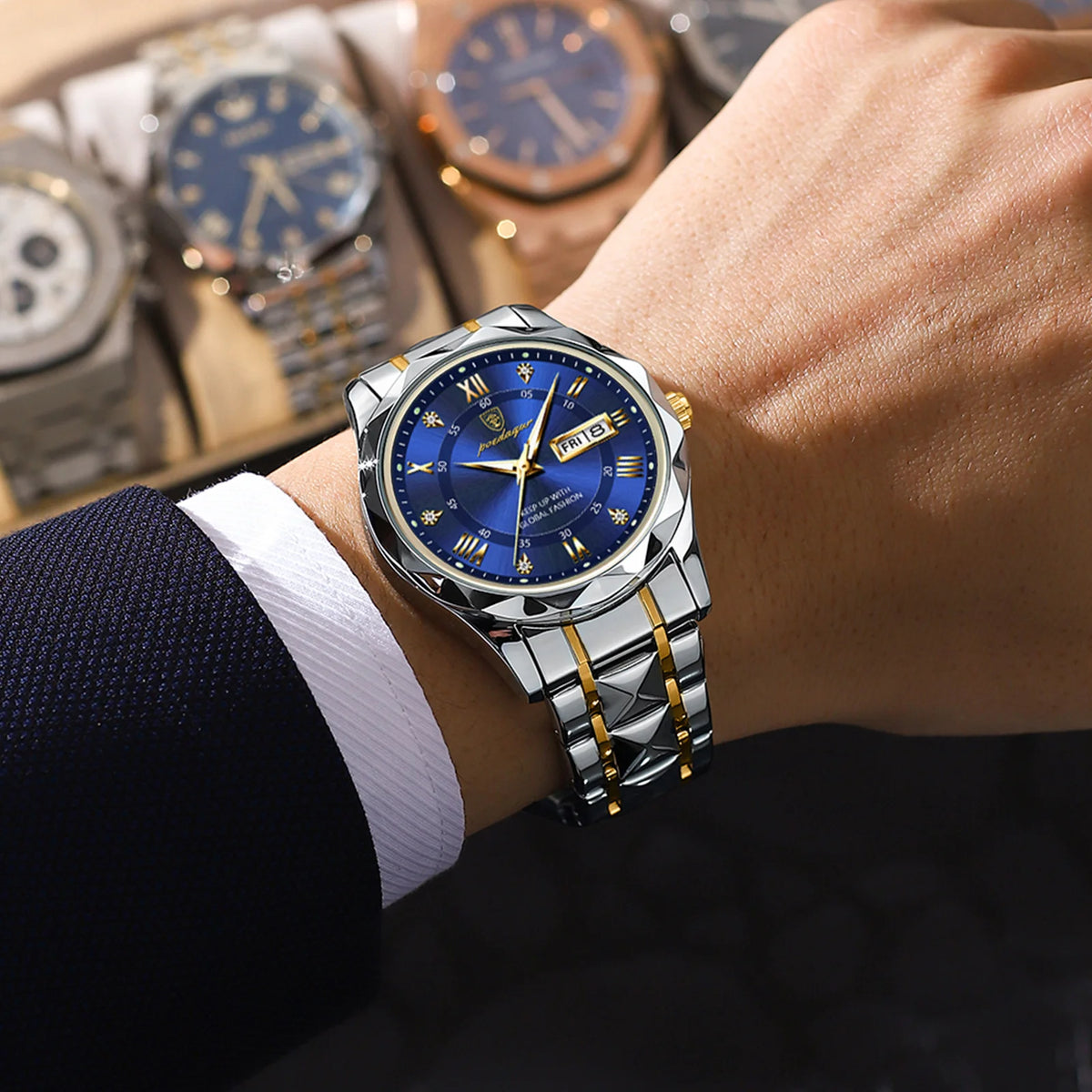 POEDAGAR Business Luxury men’s watch, water-resistant, stainless steel, luminous, with date and day of the week, sporty style, quartz.