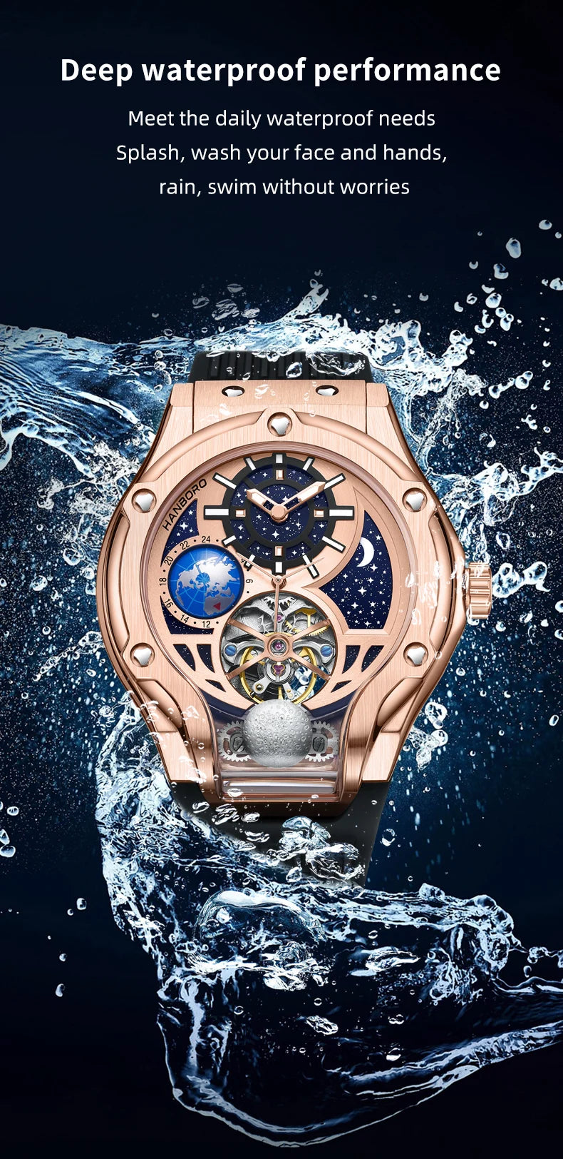 HANBORO Rose Gold Starry Sky Hollow Flywheel Moon Phase Automatic Mechanical Watch Luxury Space Theme Sports Watch 980