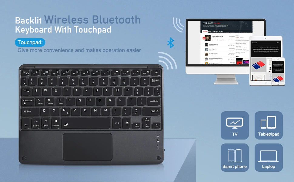 Hebrew/Russian/Spanish/Portuguese/Korean7-Colors Backlit Wireless with Touchpad Keyboard Rechargeable For iPad Tablet PC IOS Win