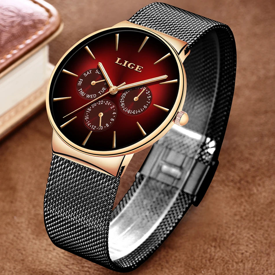 Montre pour femme LIGE, élégante et tendance – Style sport-décontracté, bracelet en maille, mouvement à quartz, affichage de la date et du jour, étanche.