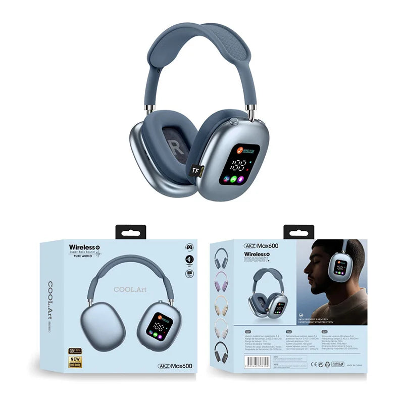 MAX600 Wireless Active Noise Cancelling Headphones – Bluetooth 5.2 Over-Ear Headset with Touch Control, LED Display & Microphone