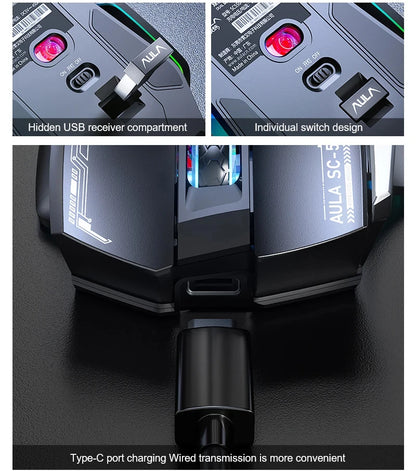 AULA SC550 Wireless Gaming Mouse Dual-mode Rechargeable Luminous Mechanical gaming mouse for Desktop/laptop E-sports USB Mouse