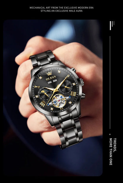 OLEVS Men's Watches Moon Phase Hollow Flywheel Exclusive Original Automatic Mechanical Watches For Men Luxury Man Watch New 7029