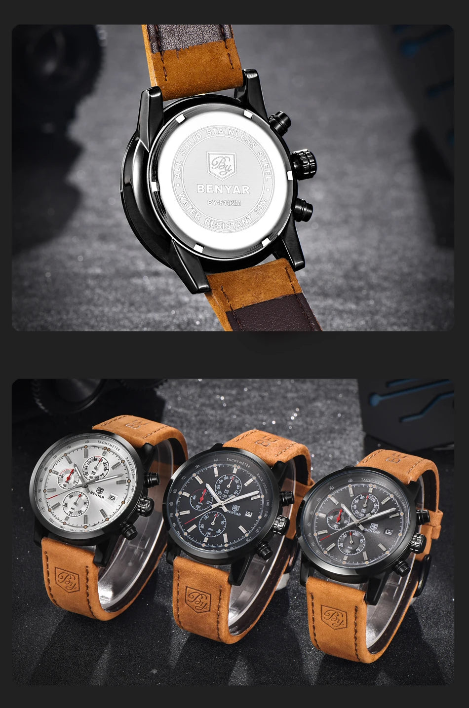 Montre pour homme BENYAR 5102 – Chronographe sportif de luxe à quartz, accessoire de mode d'une grande marque