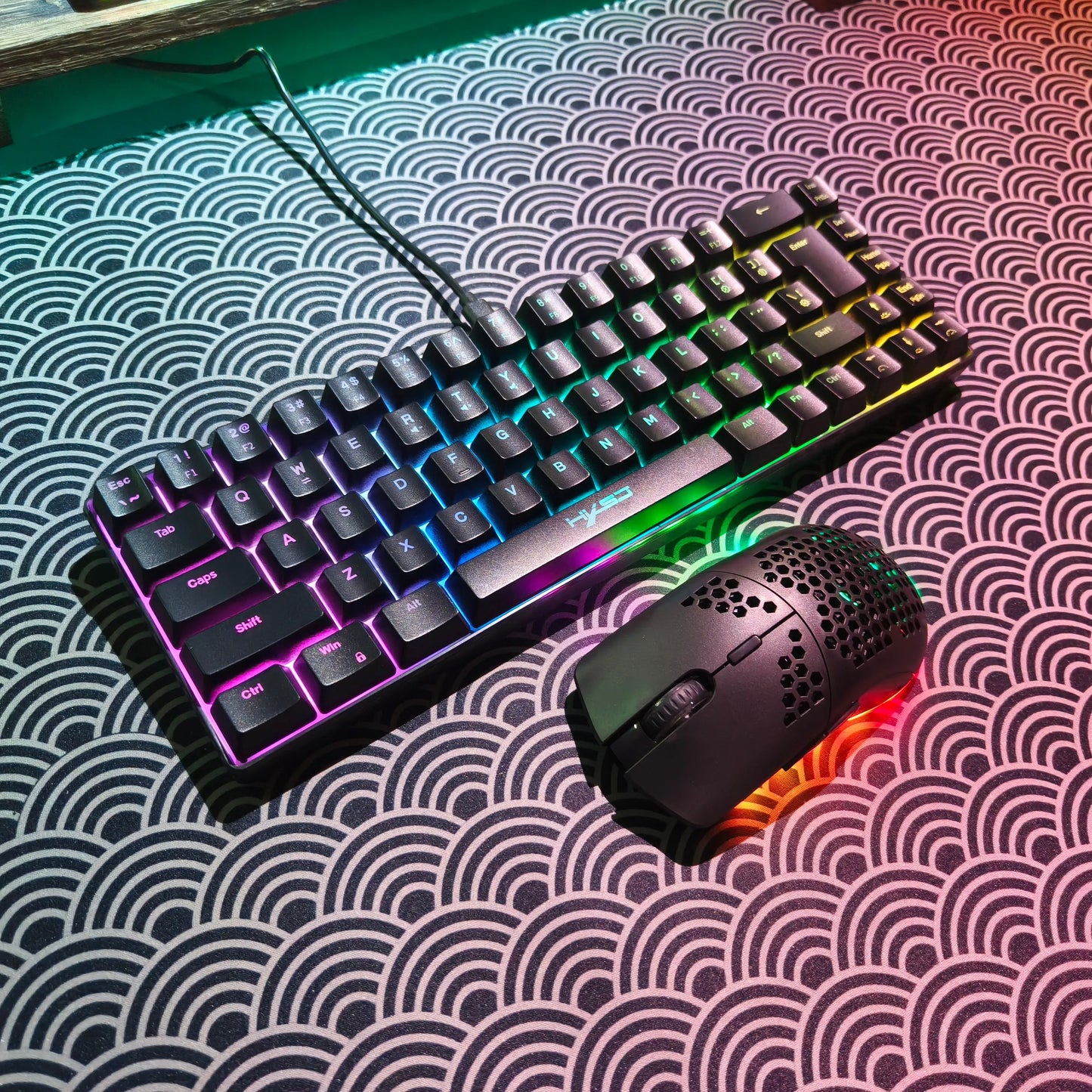 Portable HXSJ 60% RGB gaming keyboard and mouse set 68-key wired membrane keyboard 3-mode lightweight wireless mouse for PC Mac