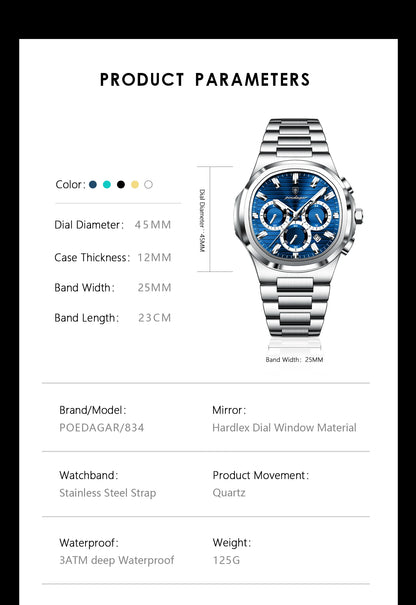 POEDAGAR Top Luxury Man Watch Waterproof Stainless Steel Luminous Men Clock Date Chronograph Quartz Business Men's Watches Reloj