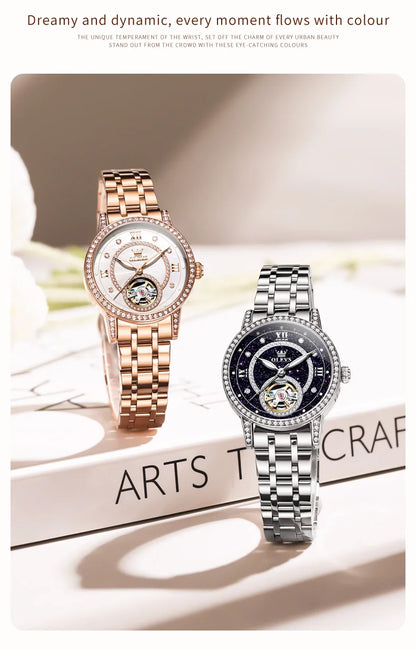 OLEVS Women's Watches Starry Sky Design Automatic Watch for Women Stainless Steel Flywheel Hollowed Ladies Mechanical Watch 7036