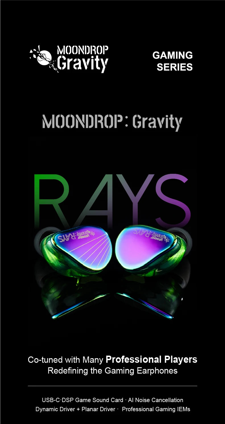 MOONDROP RAYS Gaming Earphones USB-C DSP Gaming IEMs – HiFi Wired In-Ear Gaming Earbuds with AI Noise Cancelling Microphone