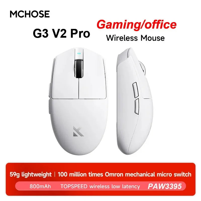MCHOSE G3 V2 Pro Wireless E-sports Mouse Lightweight Three Mode Bluetooth PAW3395 High Performance 800mAh Game Office 59g Mouse