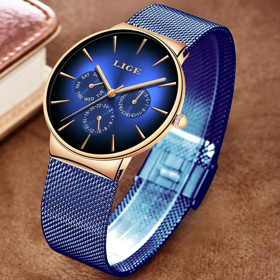 Montre pour femme LIGE, élégante et tendance – Style sport-décontracté, bracelet en maille, mouvement à quartz, affichage de la date et du jour, étanche.